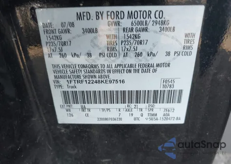 2008 Ford F-150 Stx/Xl/Xlt из США, поврежденный, VIN 1FTRF12248KE97516